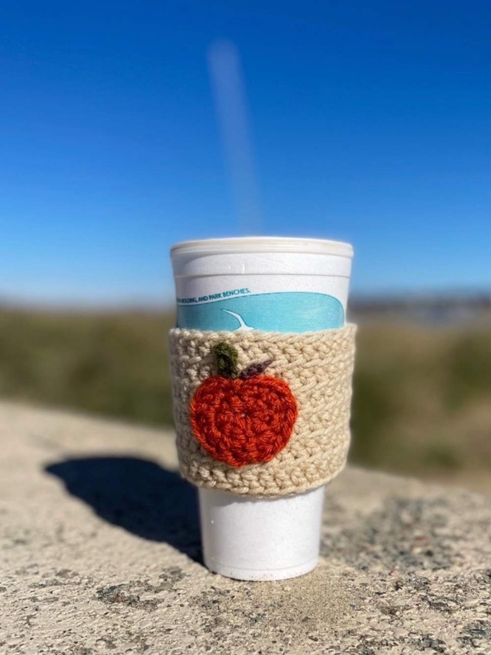 Handmade Crochet Coffee Cozy with Pumpkin Appliqué